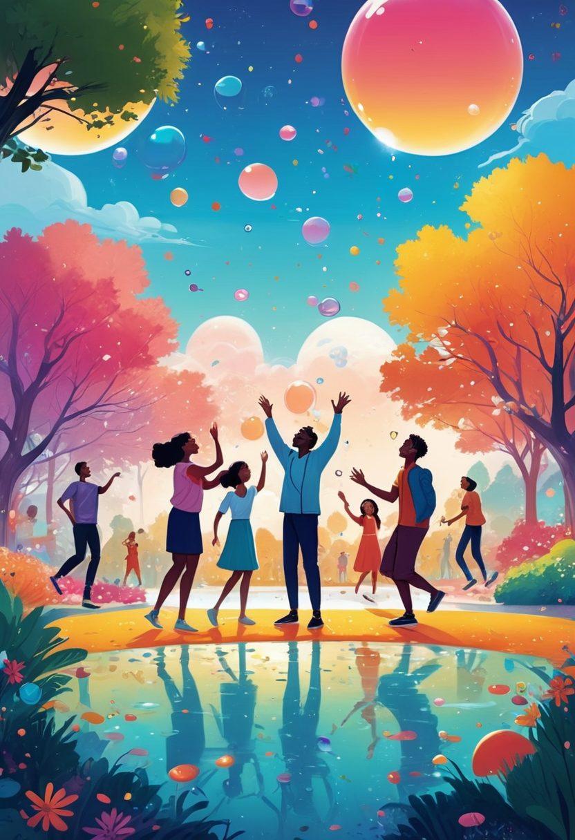A whimsical, colorful illustration depicting a diverse group of people joyfully engaging in 'piffing' with magical floating bubbles; each bubble showcases different fun moments and perils associated with the activity. The background features a vibrant park setting filled with laughter and expressions of delight and surprise. Include elements such as sparkling confetti and playful creatures to enhance the joy. The scene should evoke a sense of wonder and excitement. cartoon style. vibrant colors. playful ambiance.