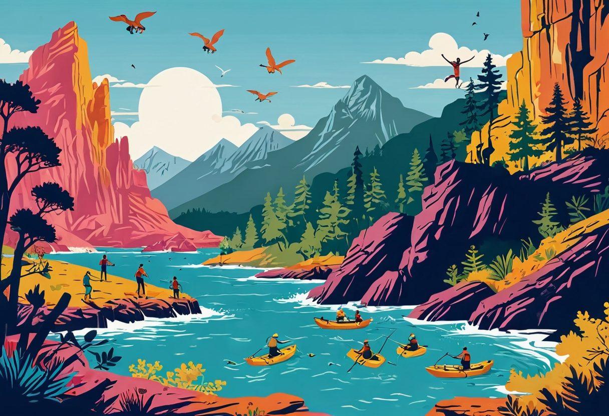 A whimsical illustration of a group of adventurous friends engaged in thrilling wilderness activities, like cliff diving and treasure hunting, amidst stunning landscapes. Incorporate elements of excitement and caution, like a 'piffing' warning sign in the background, and playful icons representing both fun and risks. The scene should convey a spirit of adventure and exploration, highlighting both the joy and potential hazards. vibrant colors. vector art.