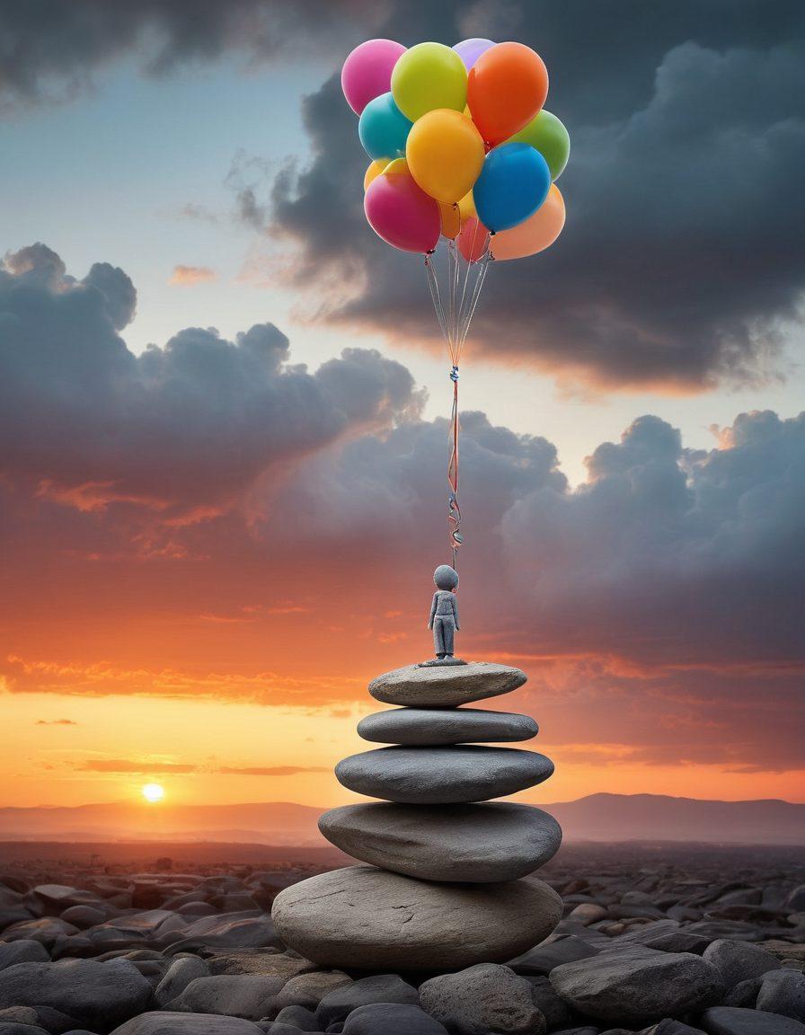 A delicate balancing scale with joy represented by bright, colorful balloons on one side and discontent symbolized by gloomy, cracked gray stones on the other. The background showcases a serene sunset, hinting at the transition between emotions. Small whimsical elements, like smiling sunbeams and shadowy clouds, subtly interact with the scene. The overall image conveys a sense of equilibrium amidst contrasting feelings. vibrant colors. surrealism.